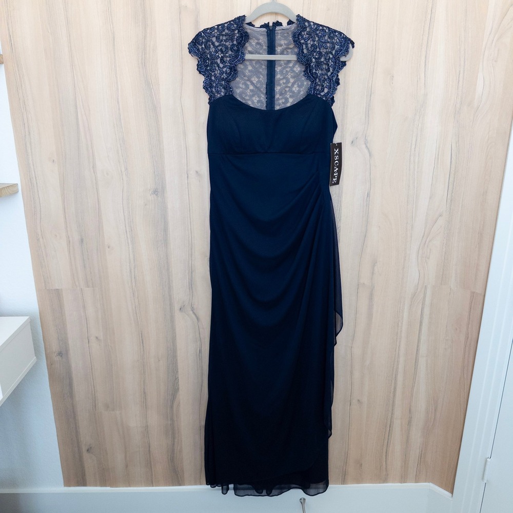 Xscape Womens Maxi Gown 12 Navy Lace Cap Sleeve Ruched Formal Wedding Evening